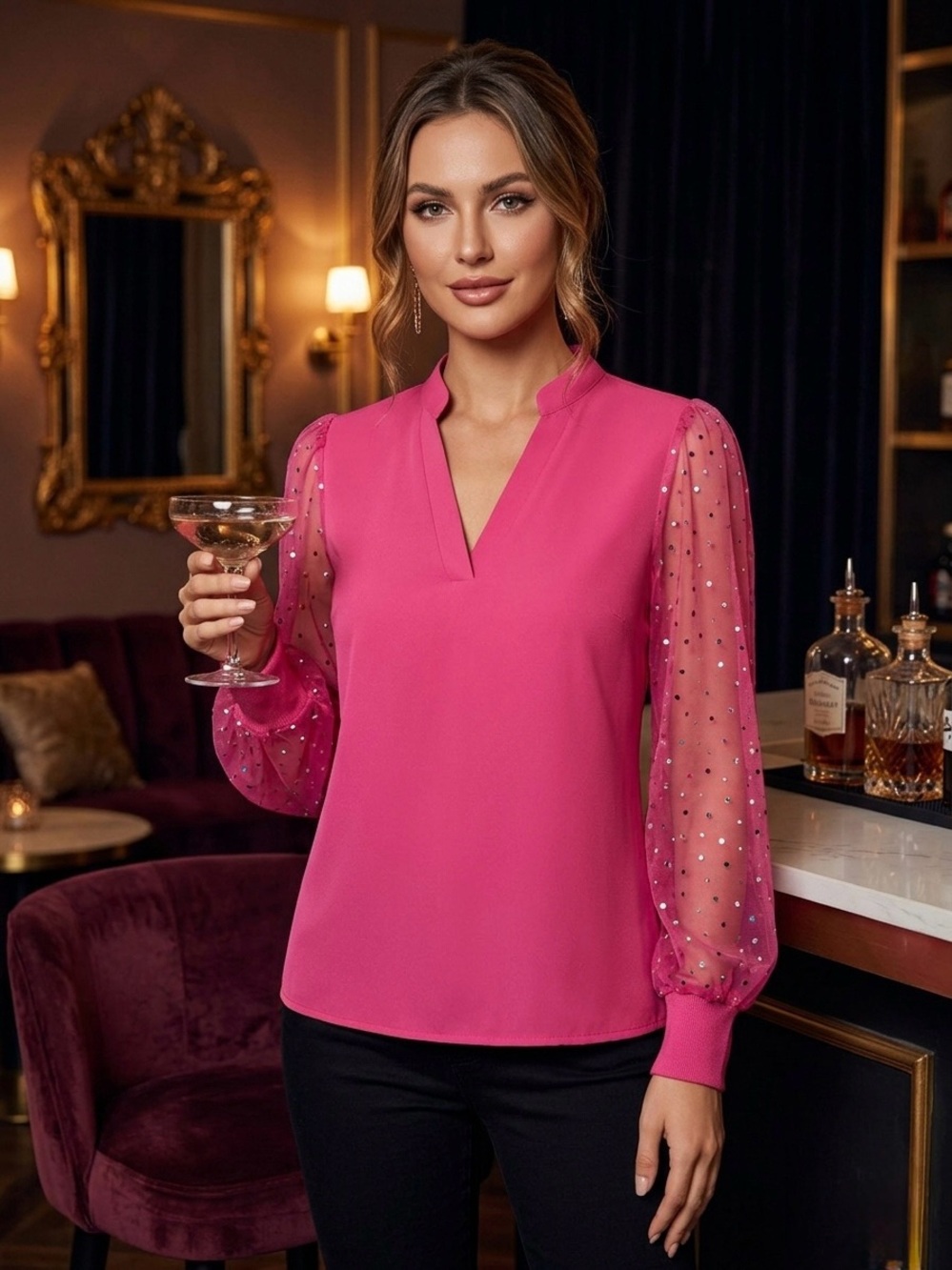 Hot Pink V-Neck Blouse with Sheer Sequin Long Sleeves